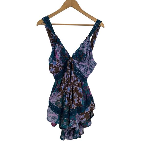 Free People Bali Oletta Green Pink Floral Open Back Romper Small Boho Festival - Picture 2 of 5